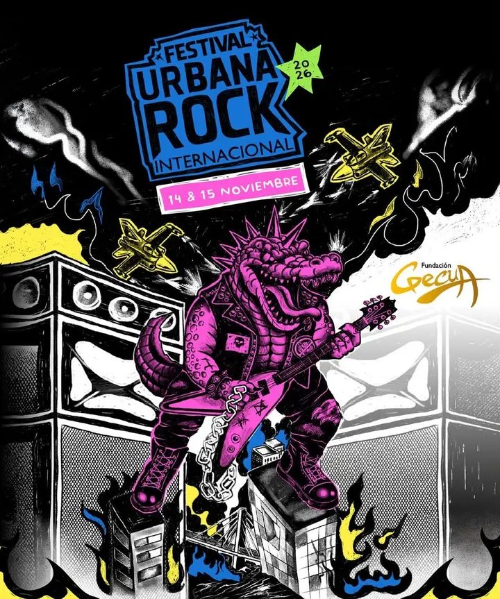 Afiche oficial Urbana Rock Internacional 2026: un cocodrilo punk rosado toca guitarra sobre los edificios de Barranquilla, frente a muros de amplificadores